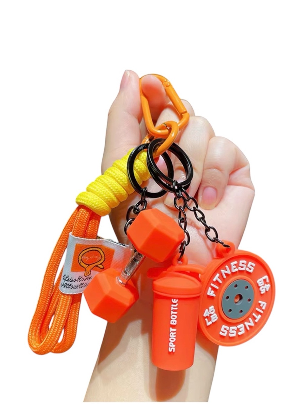 Orange Fitness Keychain Charm Set with Bottle & Dumbbell
